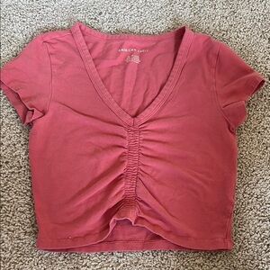 American Eagle Outfitters Women's Coral Ruched V-Neck Tee